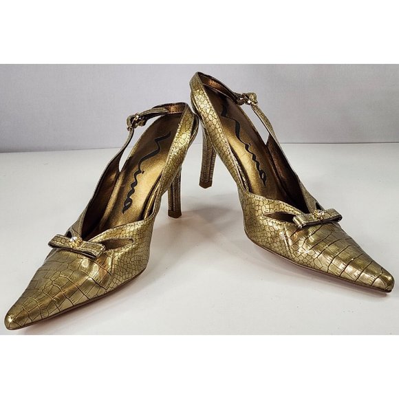 Nina Shoes - Nina Shoes Womens Size 7 Gold Slingback Alligator Print Pointed Toe Dress Heels